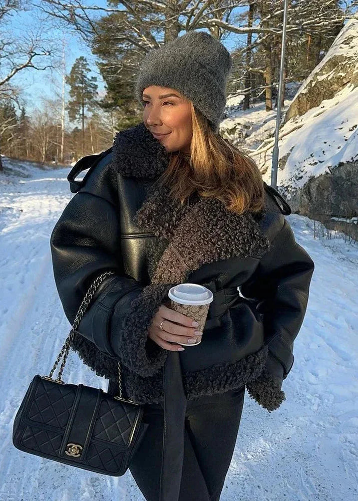 Elmira | Vyöllinen Lammasnahkatakki